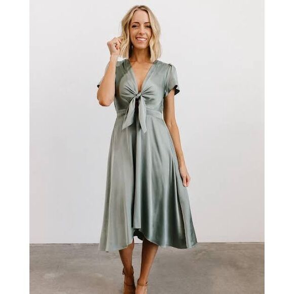 NWT Baltic Born Poppy Midi Dress Womens M Satin Eucalyptus Sage Green Tie Front - Picture 1 of 7